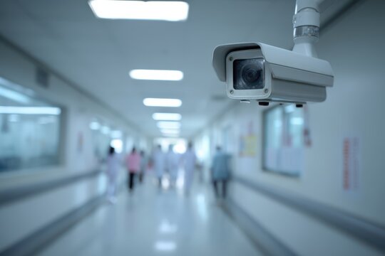 Security camera focuses on a hospital corridor with people in white coats walking. The bright hallway has blurred figures and soft lighting, creating a sense of movement and surveillance
