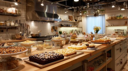 A wide selection of cakes, pastries, and desserts displayed on a long kitchen counter, ready for serving at a party or gathering.