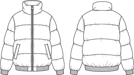Winter puffer jacket front and back technical sketch, insulated coat apparel mockup, fashion template, cad drawing flat vector © MdTajemul