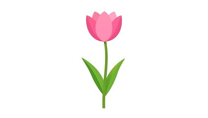 A simple, flat illustration of a pink tulip with a green stem and leaves set against a clean white background