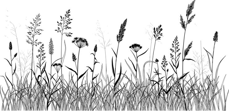Detailed Black Silhouette Vector Illustration of Wild Grasses Meadow Flowers and Field Plants Growing in a Summer Garden for Nature and Botanical Designs