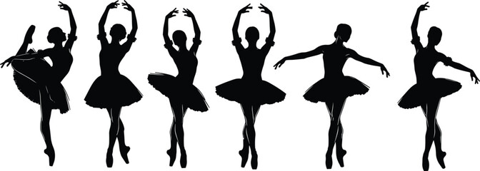 Ballet dancer silhouettes set graceful ballerina poses classical dance performance tutu figures elegant movement black flat vector illustration © Rayhan