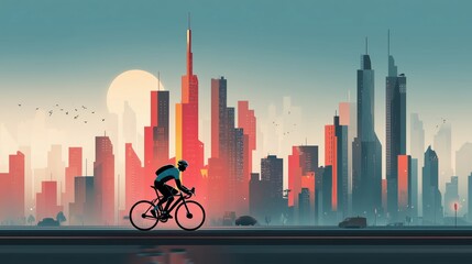 A cyclist pedals through a stylized cityscape at sunset, where towering skyscrapers glow in shades of red and gold.