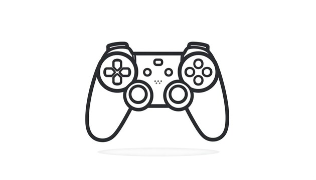 A simple black and white outline illustration of a video game controller, featuring buttons, D-pad, and analog sticks, over a white background