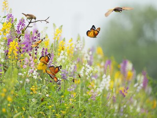 Butterflies and bird in vibrant wildflower meadow with colorful blooms