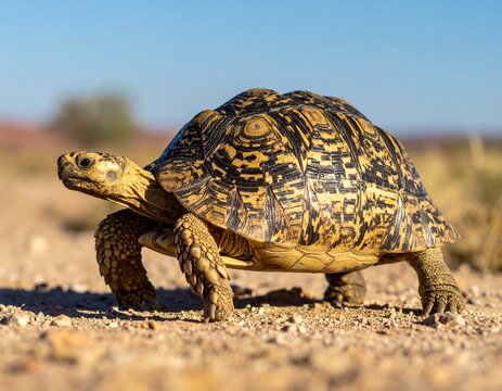 A Stunning Close-Up of a Leopard Tortoise Walking on a Gravelly Surface Under a Clear Blue Sky.