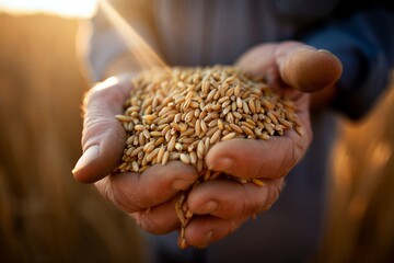Farmer holding harvested wheat grains in hands at sunset