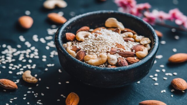 Bowl of nuts and seeds with almond, cashew, and sesame on dark surface surrounded by scattered nut pieces and pink flowers for healthy lifestyle concept