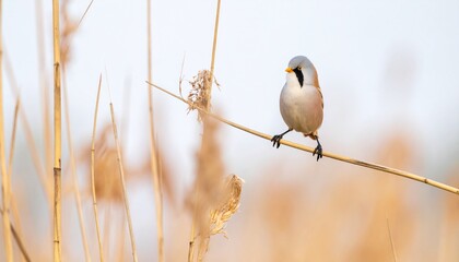 Fototapeta premium A small bird with a distinctive black mustache perched on a thin branch in a natural setting.