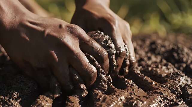 Close-up of hands actively mixing and interacting with rich, dark soil or mud, emphasizing natural connection and earthy textures.