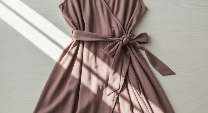Soft brown rayon wrap dress with a tied sash, elegantly dd and styled with natural light casting diagonal shadows.