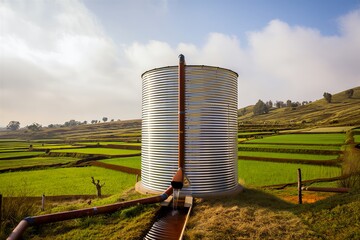 Rustic water storage tank in a terraced rice field landscape