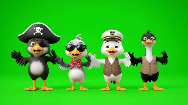 Cartoon Birds in Pirate and Captain Attire Dancing on Green Screen