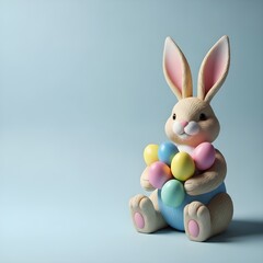 Fototapeta premium Easter bunny figurine holding colorful eggs on light blue background
