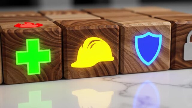 Wooden blocks with medical, construction, and security symbols on a marble surface
