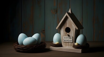 Easter monday decorations with birdhouse and eggs