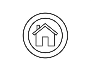 Obraz premium A simple, black-and-white icon depicting a house with a chimney inside a circular outline. The graphic is clean and modern