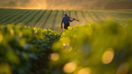 Farmer working in lush green field at sunrise with tool