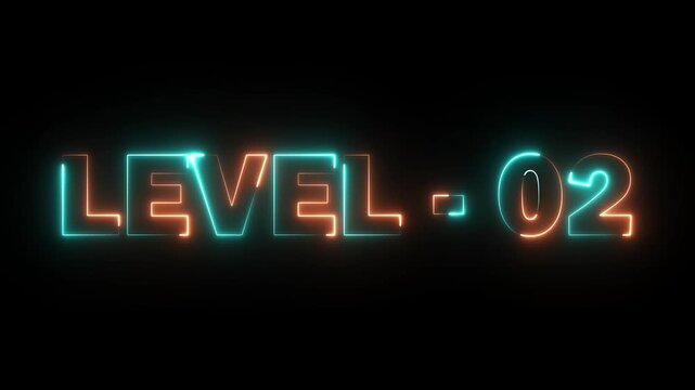 Neon glowing level -02, up sign and upper text animation. Neon Design and Smooth Progression Effect for Game UI, Ranking Systems, and Achievement Badge concept. 