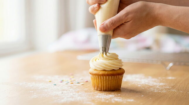 A person's hands delicately decorate a freshly baked cupcake with creamy white frosting using a piping bag on a wooden table.
