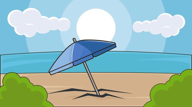 Beach Umbrella landscaped cartoon animation backgrounds video . Summer Holiday Ocean and Sand Tropical Travel for recreation animated footage motion graphic illustration design