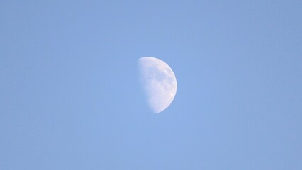 The first quarter moon is visible against a clear, bright blue sky during the day. Perfect for themes related to space, astronomy, nature, dreams, or a tranquil background. © ForStock