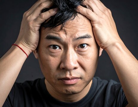 Close-up portrait of a man, eyes wide, hands on head, stressed