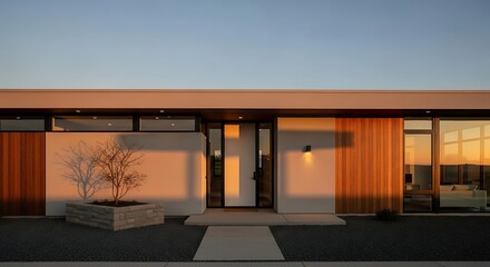 Fototapeta premium Modern house exterior with warm lighting.