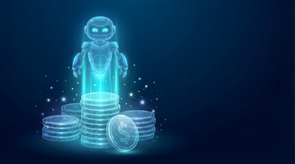 Futuristic Robot Holding Cryptocurrency Coins With Digital Network And Blue Glowing Light Effects