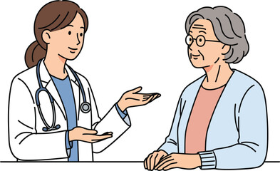 A compassionate female doctor with a stethoscope consults an elderly woman with gray hair and glasses in a clean line art illustration.