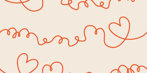 Bezszwowy wzór z ciągłymi liniami tworzącymi serce na beżowym tle - minimalistyczny design walentynkowy. © Monika