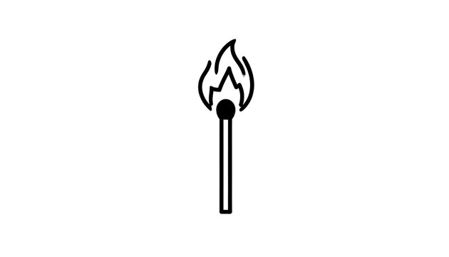 A simple, minimalist black and white illustration depicting a lit matchstick with a burning flame emanating upwards