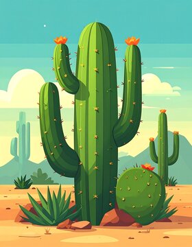 Colorful illustration of several cacti in a desert environment under a sunny sky