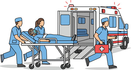Cartoon illustration of paramedics in blue scrubs rushing a patient on a gurney to an emergency ambulance. © Vira