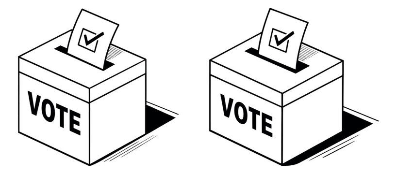 Isometric line art ballot box set featuring voting papers with check marks for elections and democracy