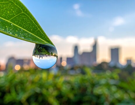 Droplet reflection showing the city skyline against a green leaf