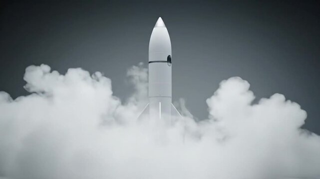 A white rocket ascends, launching from a cloud of smoke, on a gradient gray background