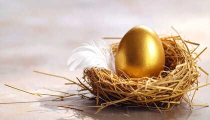 Obraz premium A single gold egg sits nestled in a straw bird's nest with a white feather, bathed in soft light against a blurred backdrop