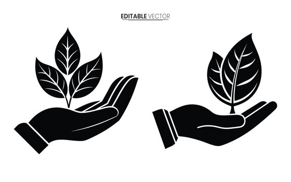 Two black silhouette illustrations depicting cupped hands gently holding delicate plant leaves high quality professional