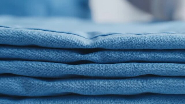 Stack of folded blue fabric textile linen material