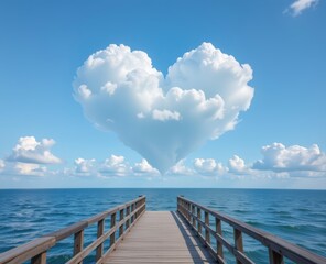 Fototapeta premium Heart-shaped clouds over a serene ocean view with a wooden pier.