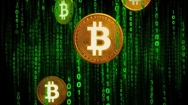 A video showcasing Bitcoin symbols floating in a digital code background