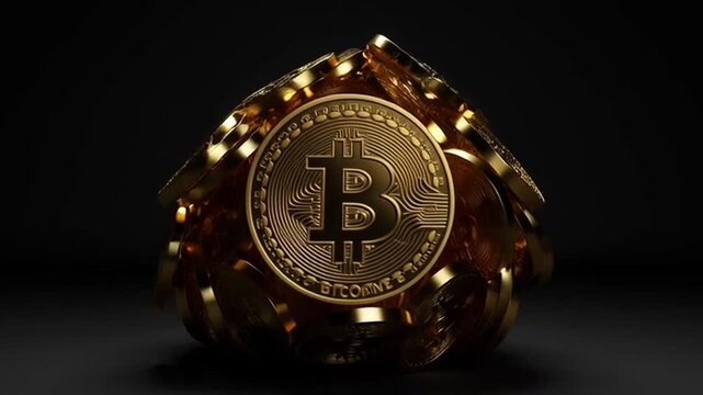 A video showcasing a large pile of shiny Bitcoin coins falling in a dark room
