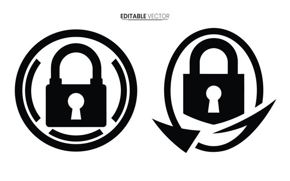 Two black padlock icons are displayed one within a circular frame and the other with an arrow