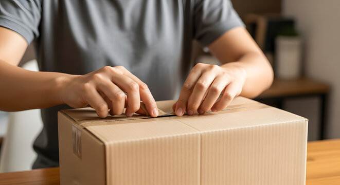 Close up view of a person carefully sealing a parcel package before sending it for courier delivery or moving house