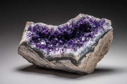Large purple amethyst crystal geode on a neutral background