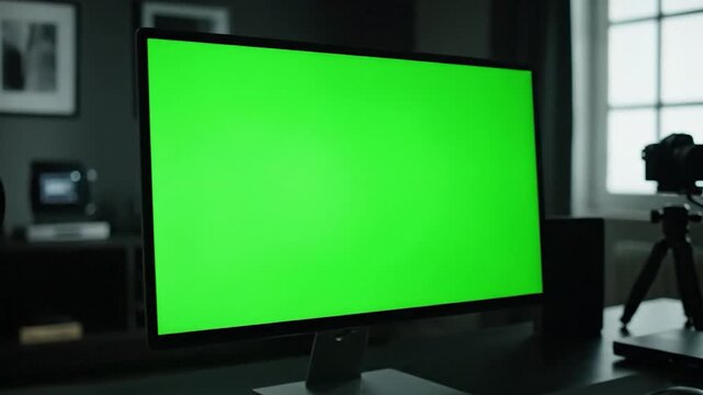 A modern desk setup with a green-screen monitor, cameras, keyboard, and other tech