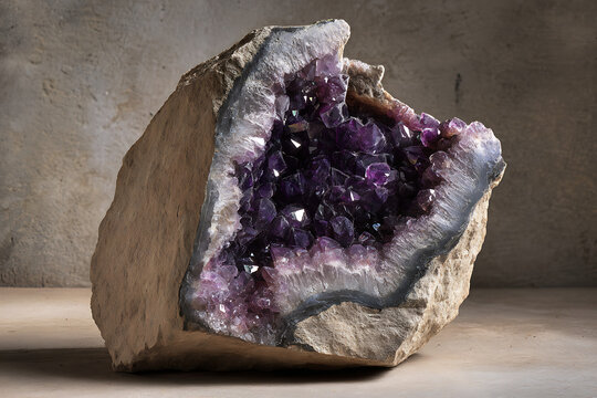 Large purple amethyst crystal geode on a neutral background
