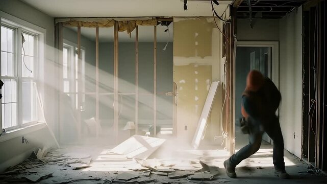 Construction Worker Demolishing Interior Walls With Sledgehammer During Daytime Renovation Project With Sun Rays Shining Through Window Dust Motes Visible
