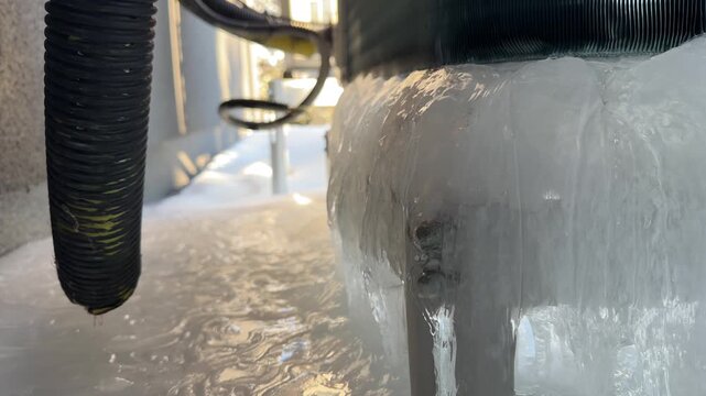 Thick Clear Ice Coating on Heat Pump Components. An extreme close-up shows clear, thick ice coating a heat pump&rsquo;s metal base, resembling a frozen waterfall in severe cold conditions.